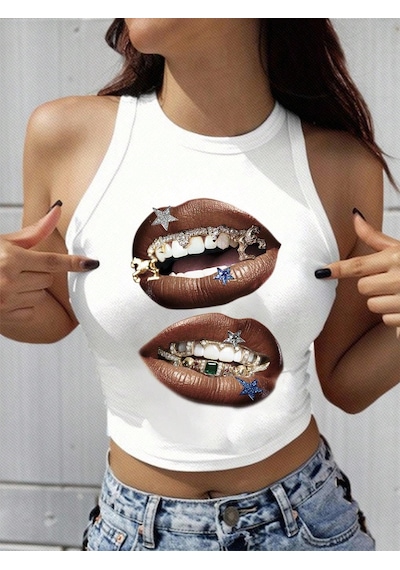 Afri Kadınbeyaz Baskılı Crop Atlet Diş Grillz Desenli, Sokak Modası Tarzı Beyaz