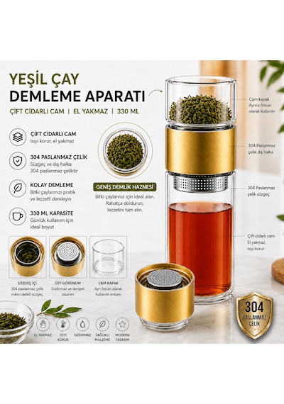 Muzeko 330ml Çift Katlı El Yakmayan Isıyı İçinde Tutan Cam Bardak Detox Bitki Çayı Demleme Ihlamur Demliği Bitki Çayı Demleme Tüm Bitki Çaylar İçin Uygundur Gold Altın