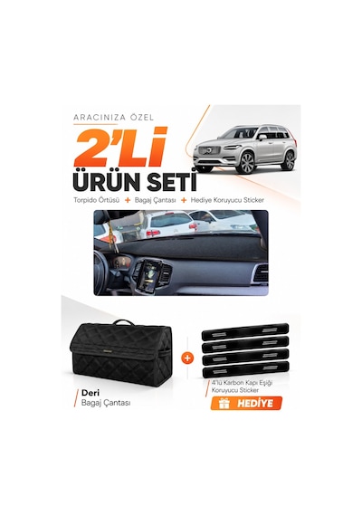Volvo Xc-90 2015-2024 Uyumlu Torpido Örtüsü + Deri Bagaj Çantası + Sticker Seti - Siyah