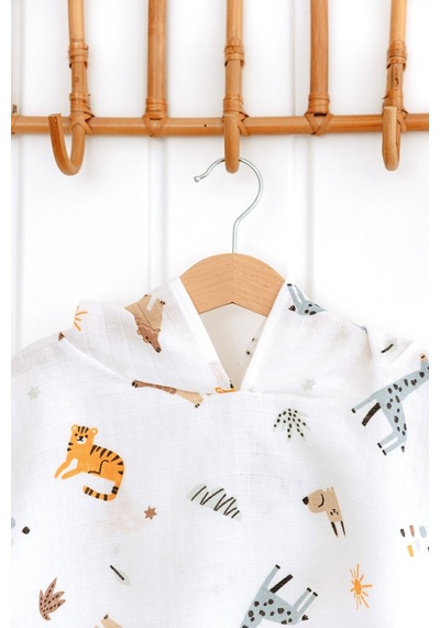 Esti Baby Kapşonlu Müslin Panço %100 Pamuk Bebek / Çocuk Plaj Havlusu / Bornozu Animal Party