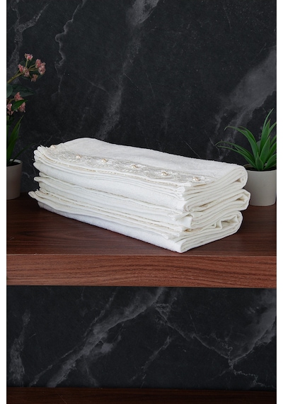% 100 Pamuklu Kadife Güpürlü İnci Işlemeli 6 Lı Çeyizlik El Yüz Havlu Seti - 30x50 Cm - 04466 - Beyaz Beyaz