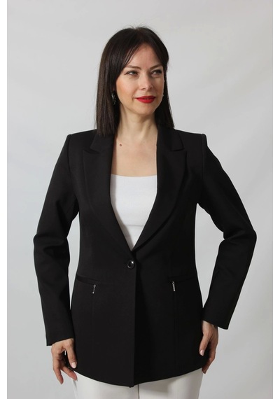Moda Berray 1904 Siyah Fermuarlı Cep Aksesuarlı Kadın Büyük Beden Blazer Ceket Siyah