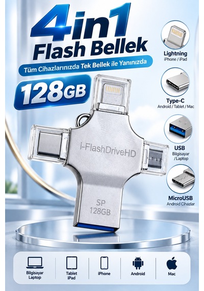 4in1 128gb Flash Bellek Usb Type-c Lightning Microusb Çoklu Girişli Taşınabilir Usb Bellek - Lisinya