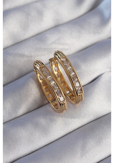Pirinç Gold Renk Zirkon Taşlı Oval Model Küpe Altın