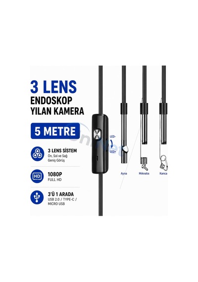 Tr 5 Metre 3 Kameralı Endoskop Yılan Kamera 1080p Full Hd Android Ve Pc