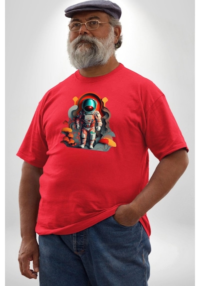 Angemiel Astronot Yapay Zeka Yürüyüş Kırmızı Büyük Beden Erkek Kadın Unisex Basic Ön Baskılı Tişört Kırmızı