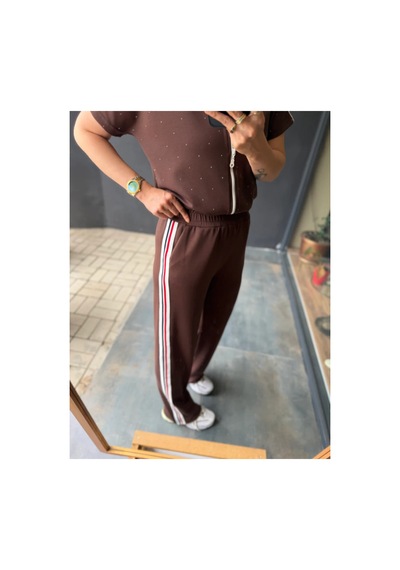 Butik İstanbul Kadın Fermuarlı Taş Ve Şerit Detaylı Ikili Takım Kahverengi