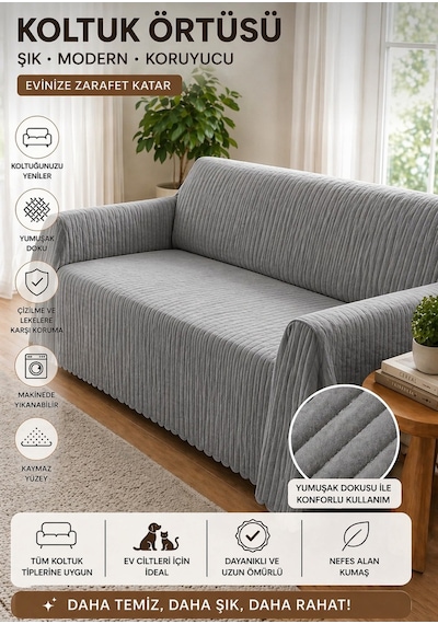 Premium Çizgili Kırık Beyaz Koltuk Örtüsü Kaymaz, Şık Ve Modern Tasarım Gri