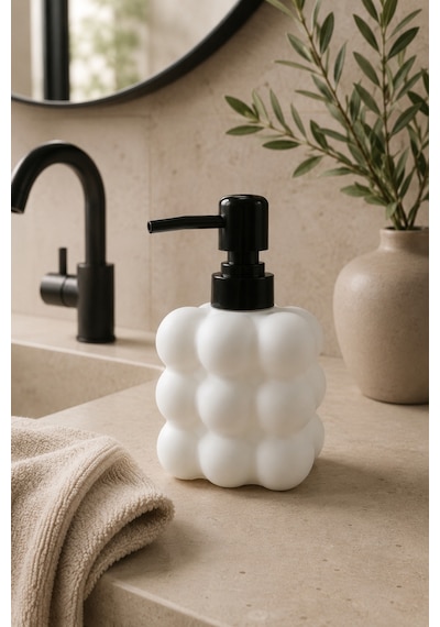Modern Bubble Sıvı Sabunluk 400 Ml Siyah Pompalı Kabarcık Desenli Banyo Ve Mutfak Tezgâh Üstü Dispenser - 15 Cm X 9 Cm X 6,5 Cm Beyaz