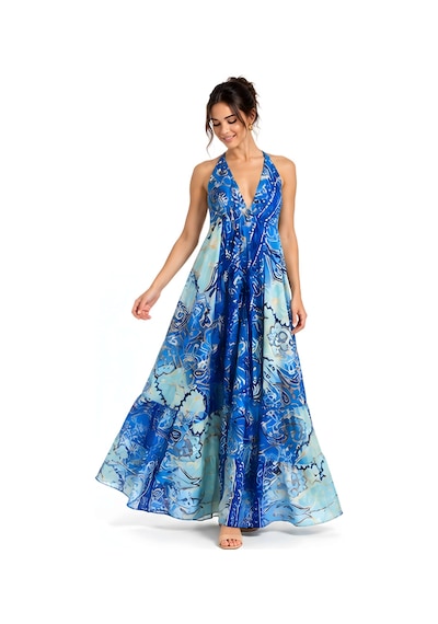 Lili Woman Kadın Mavi Ombreli Batik Desenli Halter Yaka Otantik Maxi Elbise Mo.melb01m
