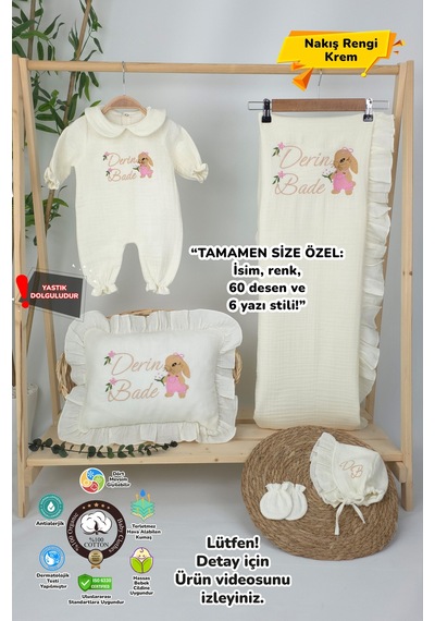Gros Shop Müslin Yeni Doğan 4katlı Organik %100pamuk Kişiye Özgü Nakışlı Hastane Çıkış Seti Tavşan Model-3 Ekru