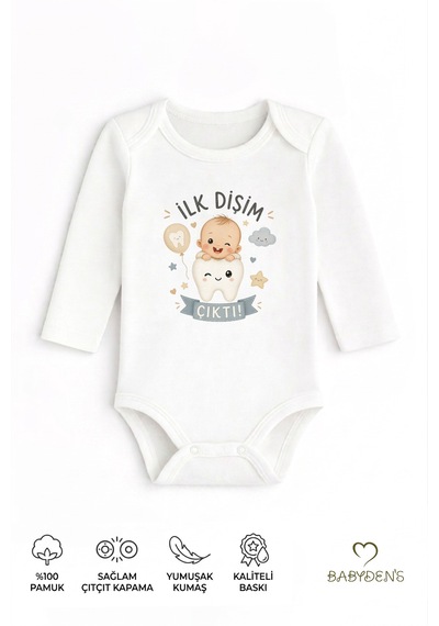 Babyden's İlk Dişim Çıktı Baskılı Uzun Kol Bebek Body %100 Pamuk Unisex Diş Buğdayı Konsept Çıtçıtlı Zıbın Beyaz