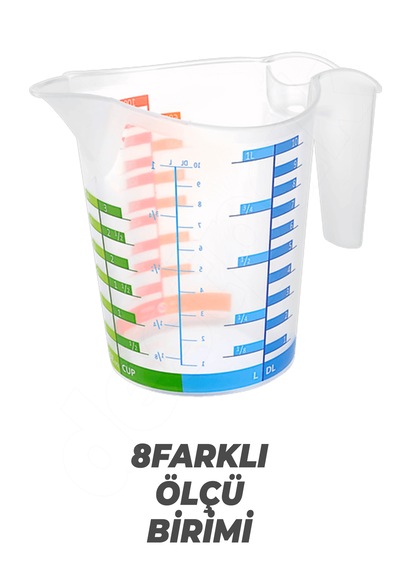 Kulplu Ölçü Kabı 3 Adet Seti - 300ml, 500ml, 1000ml - 8 Farklı Ölçü Birimli - Pastacı Şeffaf