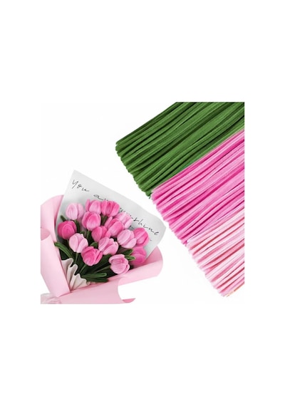 75 Adet 3'lü Şönil Şeker Pembe , Soft Pembe Ve Haki Yeşil ,çiçek Yapımına Uygun Tüylü Tel