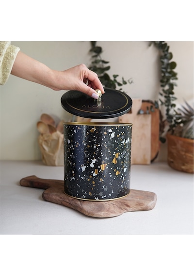 Terrazzo Black Desenli Topuz Kulplu Yuvarlak Metal Saklama Kabı 17.5 x 18 CM 4.1 L Çok Renkli