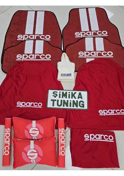 Sparco Kırmızı Dekor Halı Paspas Ve Servis Kılıfı /2li Boyun Yastığı Ve 2li Kemer Kılıfı Vites Polar