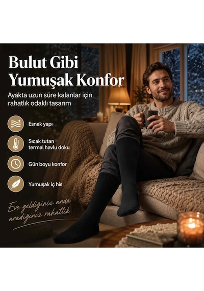 Çorap Giyim Erkek Siyah 6 Lı Kışlık Uzun Termal Havlu Çorap Dikişsiz, Esnek, Sıcak Tutan, Güçlendirilmiş Topuk Ve Burun