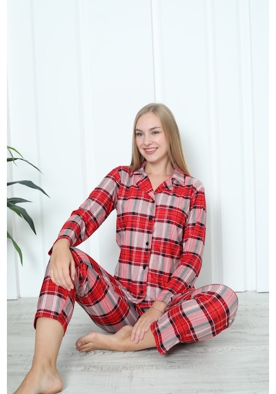 Wordex Mr 3707 Boydan Düğmeli Soft Süet Kışlık Kareli Kadın Pijama Takımı Kırmızı