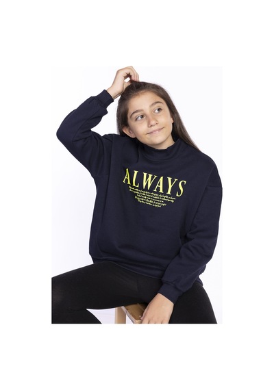 Toontoy Kız Çocuk Baskılı Balıkçı Yaka Sweatshirt Lacivert