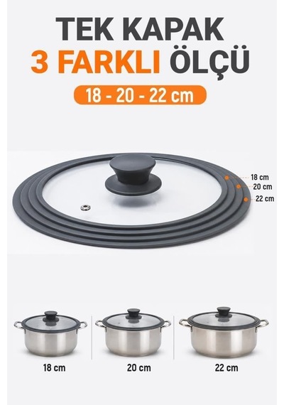Silikon Kenarlı 3 Ölçü Cam Tencere Kapağı 18-20-22 Cm Çok Renkli