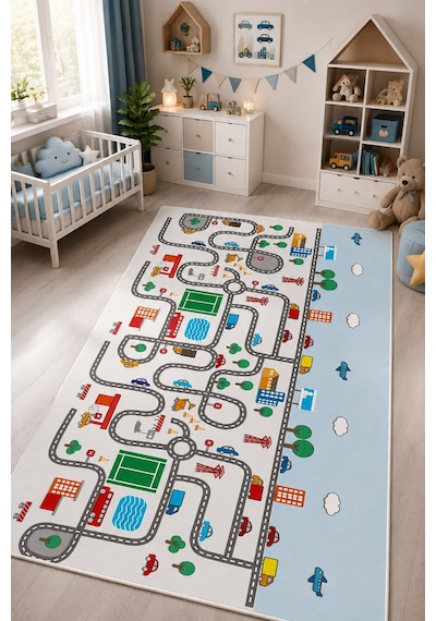 STY Home Trafik Çocuk Oyun Halısı Kaymaz Makinede Yıkanabilir Eğitici Bebek Ve Çocuk Odası Halısı Oyun70 Mavi