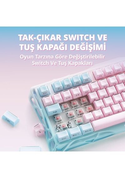 Gravastar Mercury K1 Lite Rgb Kablosuz Mekanik Gaming Klavye, İngilizce Q, Lumen Rose