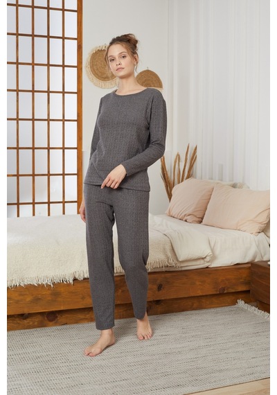 Siyah İnci Şardonlu Kışlık Örme Pijama Takım25226002 Antrasit