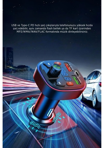 Bluetooth Araç Çakmaklık Fm Transmitter Işıklı Mp3 Çalar Type-c Hızlı Şarj Araç Şarj Cihazı