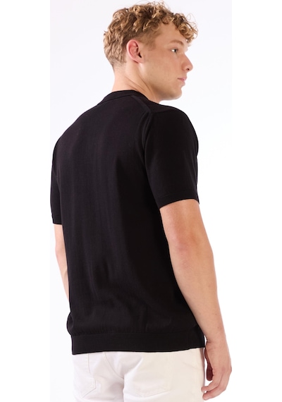 Dufy Siyah Polo Düğmeli Kısa Kollu Düz Renk Fitilli Slim Fit Erkek Triko Siyah