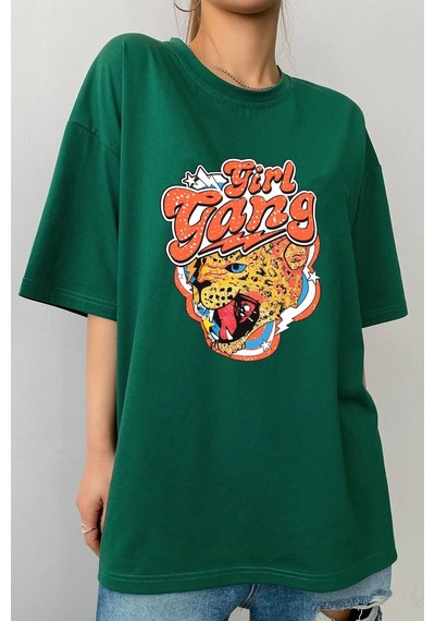 Unisex Girl Gang Baskılı T-shirt Yeşil