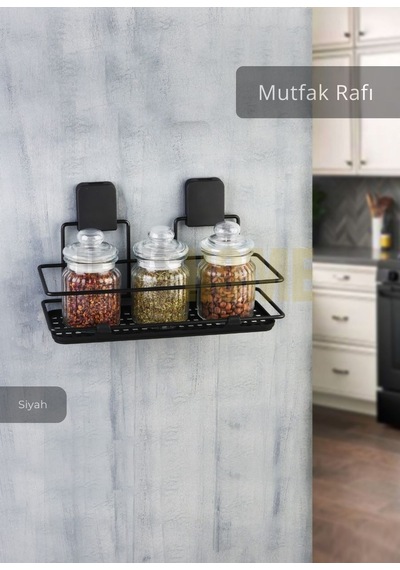 Jet's Home Mutfak Rafı Paslanmaz Banyo Rafı Yapışkanlı Baharatlık Tek Katlı Köşelik Şampuanlık Siyah 12x31x13 Siyah
