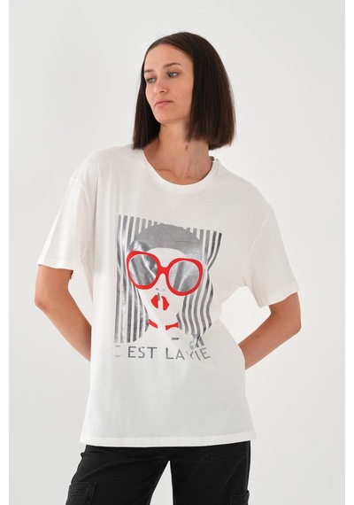 Alexandergardı Baskılı Siyah Kadın T-shirt Ekru