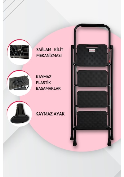 Portalife 4 Basamaklı Uzun Tutacaklı Şık Siyah Çelik Merdiven 150 Cm'ye Kadar