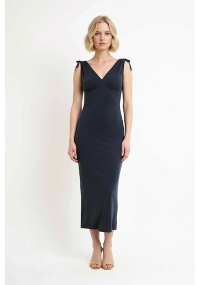 Benerly Kadın Kolsuz V Yaka Bodycon Maxi Elbise Modal Kumaş Bağlama Detay Antrasit