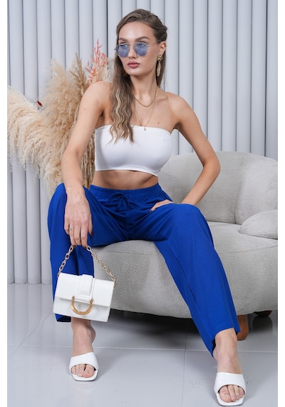 Polologin Butik Beli Bağcıklı Yüksek Bel Bol Paça Koyu Mavi Pantolon Lacivert