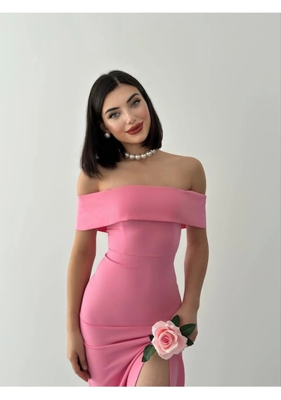 Defymoda Madonna Yaka Uzun Elbise Pembe