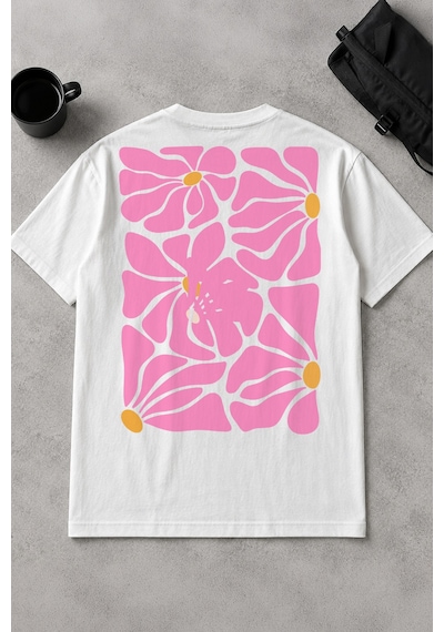 Spoyi Yaz Çiçeği Tasarımlı %100 Pamuk Yarım Oversize Beyaz T-shirt