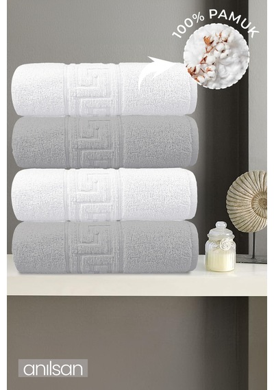 4'lu Greek Gri-beyaz El Havlusu - 50x90 Cm, 225 Gr, %100 Pamuk, Spa Ve Otel Havlusu Gri - Beyaz