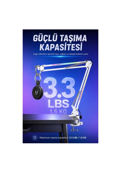 Larkin Nb39 Rgb Demir Masa Üstü Yayıncı Mikrofon Standı Boom Arm Beyaz