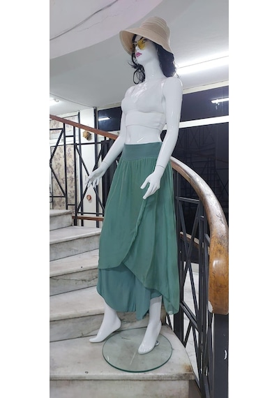 Bohem Stil Kadın Asimetrik Kapaklı Ipek Şalvar Pantolon-8775 Mint