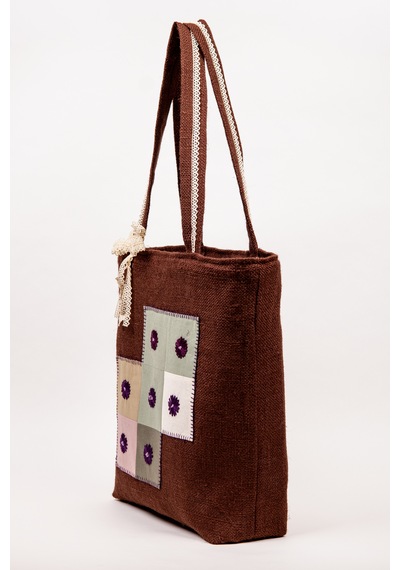 Fabric Craft Bag Kadın Omuz Çantası Jüt Kumaş Astarlı İç Cepli Aplikeli Kahverengi 43x40 Cm