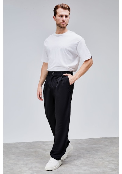 HLT Jeans Erkek Siyah Çift Pileli Rahat Kesim Beli Lastikli Bol Paça Baggy Pantolon Albert-1988 Siyah