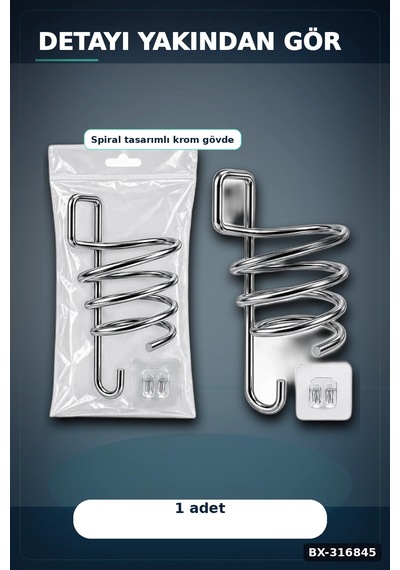 Fön Makinesi Askısı Krom Metal Banyo Fönlük Kendinden Yapışkan Askı Aparatı Bx-316845 Çok renkli