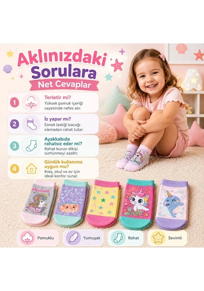 Womanandkids Wak 5 Li Kız Çocuk Çorap Seti Deniz Kızı Unicorn Desenli Pamuklu Rahat Burunlu Renkli Çok Renkli