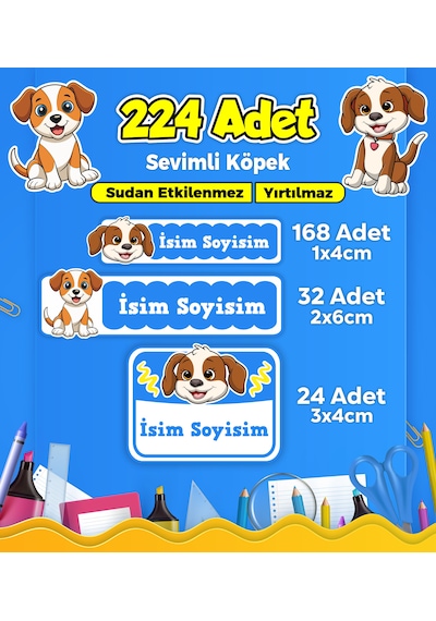 Sevimli Köpek Temalı Okul Kreş Kişiye Özel İsim Etiket Seti - Model 396 Çok Renkli