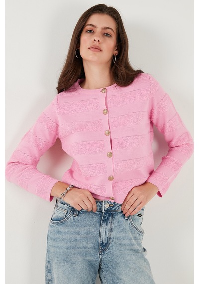 Lela Premium Regular Fit Bisiklet Yaka Düğmeli Dokulu Triko Bayan Hırka 680Hi00337 Şeker Pembe