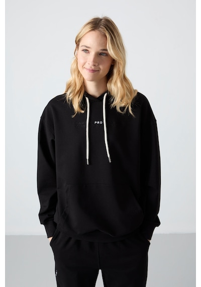 Tommy Life Siyah Kapüşonlu Kanguru Cep Oversize Lastik Paça Kadın Eşofman Takımı - 95288 Siyah