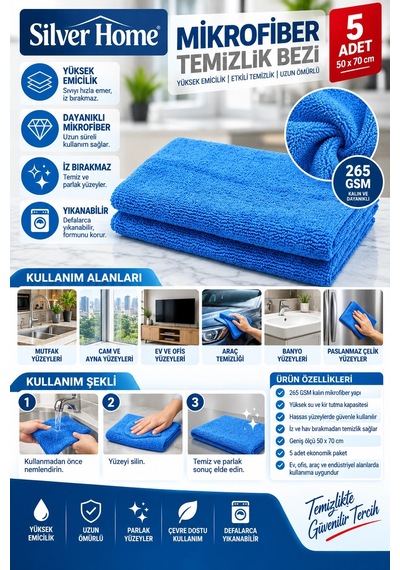 Silver Home Mavi Havlu Mikrofiber Temizlik Bezi 50x70 Cm 5 Adet
