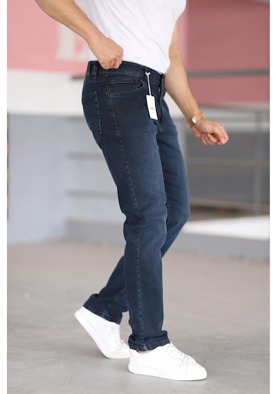 Bürke Premium Erkek Koyu Lacivert Renk Regular Fit Rahat Kesim Esnek Likralı Denim Jeans Kot Pantolon