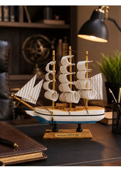Kişiye İsme Özel El Yapımı Ahşap Yelkenli Gemi Maketi 24 X 24 Cm Premium Masa Üstü Hediyelik 529a
